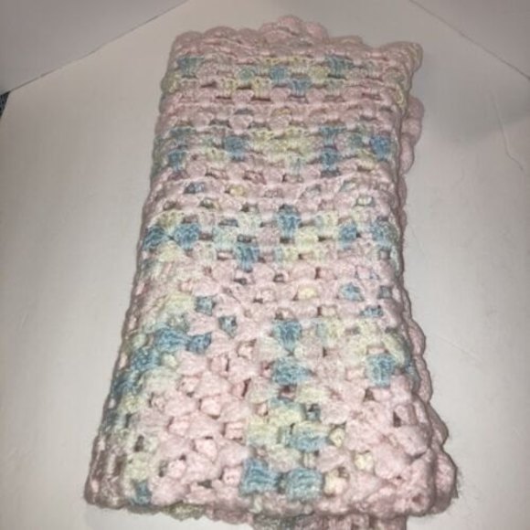 Hand Crocheted Baby Blanket Pink Blue and Yellow VGUC - Picture 3 of 4